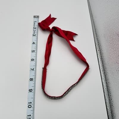 Vintage Y2K Multi Row Clear Rhinestone Choker Necklace Red Fabric Backing Glam - Thumbnail 8