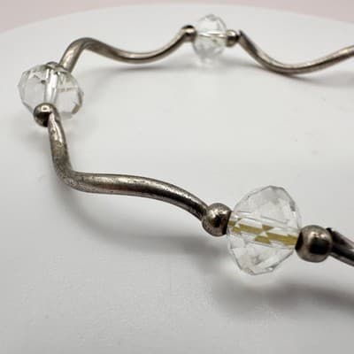 Vintage 90s Silver Tone Wave Link Bracelet Clear Glass Beaded Women's Jewelry - Thumbnail 4