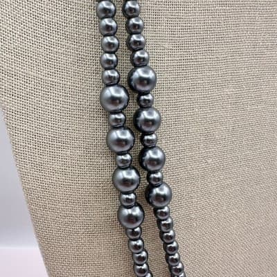 Vintage 90s Y2K Grey Double Strand Beaded Necklace Retro Women's Classic Jewelry - Thumbnail 6