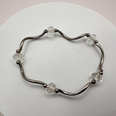 Vintage 90s Silver Tone Wave Link Bracelet Clear Glass Beaded Women's Jewelry - Thumbnail 3