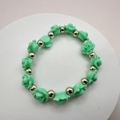Vintage Y2K Beaded Silver Tone Mint Green Rose Floral Stretch Bracelet Jewelry - Thumbnail 6