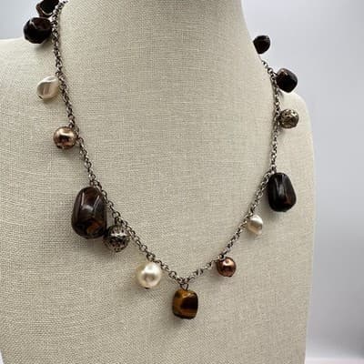 Vintage 90s Silver Tone Beaded Charm Link Chain Necklace Women's Jewelry Boho - Thumbnail 2