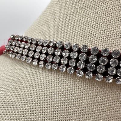 Vintage Y2K Multi Row Clear Rhinestone Choker Necklace Red Fabric Backing Glam - Thumbnail 3