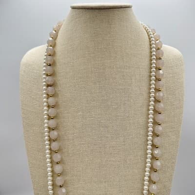 Vintage 80s Double Strand Pearl Faceted Glass Beaded Necklace Fashion Jewelry - Thumbnail 3