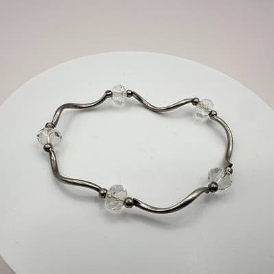 Vintage 90s Silver Tone Wave Link Bracelet Clear Glass Beaded Women's Jewelry - Thumbnail 2
