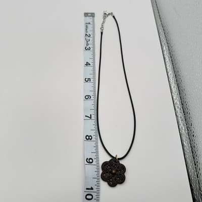 Vintage 90s Black Cord Brown Flower Pendant Necklace Silver Tone Jewelry Retro - Thumbnail 9
