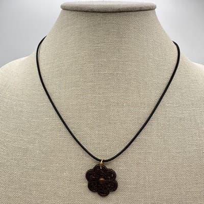 Vintage 90s Black Cord Brown Flower Pendant Necklace Silver Tone Jewelry Retro - Thumbnail 7