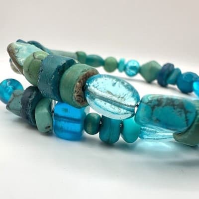 Vintage 90s Booho Teal Turquoise Blue Stones Wrap Bracelet Beachy Hippie Jewelry - Thumbnail 2
