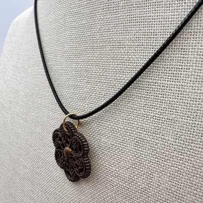 Vintage 90s Black Cord Brown Flower Pendant Necklace Silver Tone Jewelry Retro - Thumbnail 5
