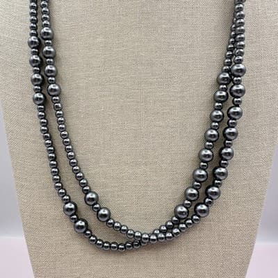 Vintage 90s Y2K Grey Double Strand Beaded Necklace Retro Women's Classic Jewelry - Thumbnail 3