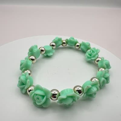 Vintage Y2K Beaded Silver Tone Mint Green Rose Floral Stretch Bracelet Jewelry - Thumbnail 2