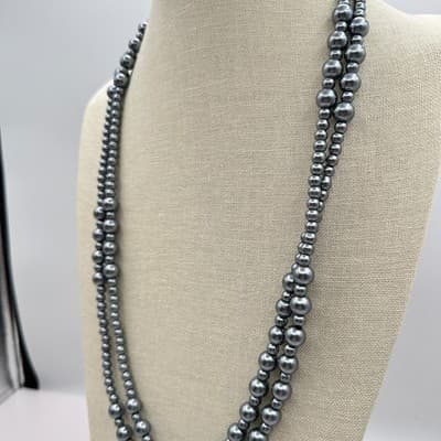 Vintage 90s Y2K Grey Double Strand Beaded Necklace Retro Women's Classic Jewelry - Thumbnail 8