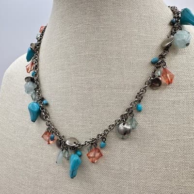 Vintage 90s Silver Tone Turquoise Glass Beaded Charm Link Chain Necklace Jewelry - Thumbnail 3