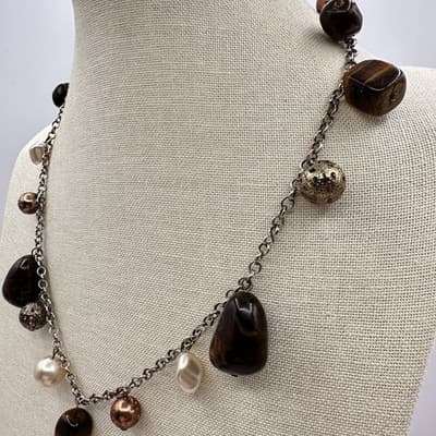Vintage 90s Silver Tone Beaded Charm Link Chain Necklace Women's Jewelry Boho - Thumbnail 6