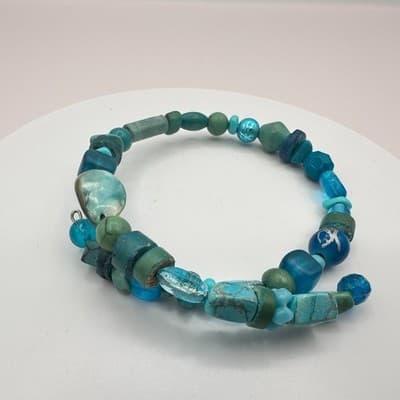 Vintage 90s Booho Teal Turquoise Blue Stones Wrap Bracelet Beachy Hippie Jewelry - Thumbnail 5