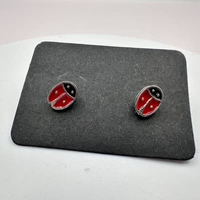 Vintage 90s Red Enamel Ladybug Stud Earrings Silver Tone Jewelry Dainty Nature - Thumbnail 2