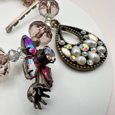 Vintage 90s Pearl & Rhinestone Beaded Spiky Silver Wooden Charm Bracelet Jewelry - Thumbnail 5