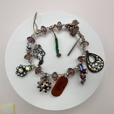 Vintage 90s Pearl & Rhinestone Beaded Spiky Silver Wooden Charm Bracelet Jewelry - Thumbnail 2