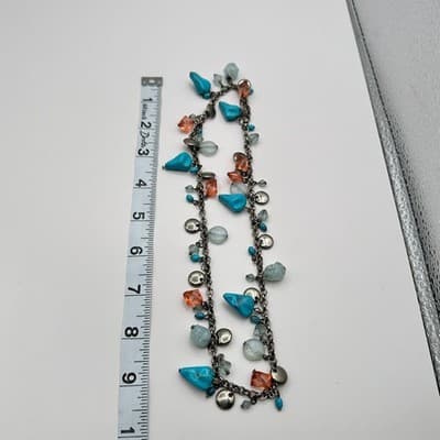 Vintage 90s Silver Tone Turquoise Glass Beaded Charm Link Chain Necklace Jewelry - Thumbnail 10