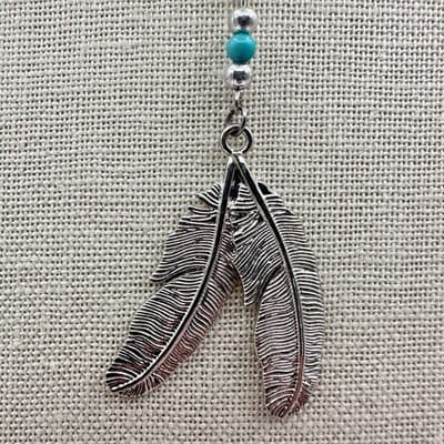 Vintage 90s Silver Tone Double Feather Pendant Necklace Turquoise Bead Jewelry - Thumbnail 4