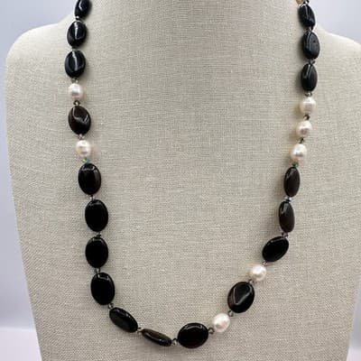 Vintage 90s Black Onyx White Pearl Beaded Necklace Silver Tone Women's Jewelry - Thumbnail 9