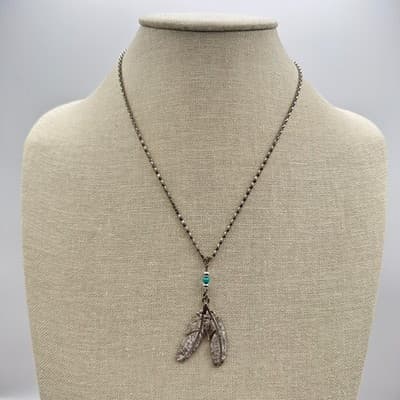Vintage 90s Silver Tone Double Feather Pendant Necklace Turquoise Bead Jewelry - Thumbnail 3