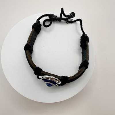 Vintage 80s Silver Tone Eye Heart Black Leather Cord Wrap Bracelet Bngle Jewelry - Thumbnail 9