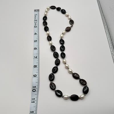 Vintage 90s Black Onyx White Pearl Beaded Necklace Silver Tone Women's Jewelry - Thumbnail 10
