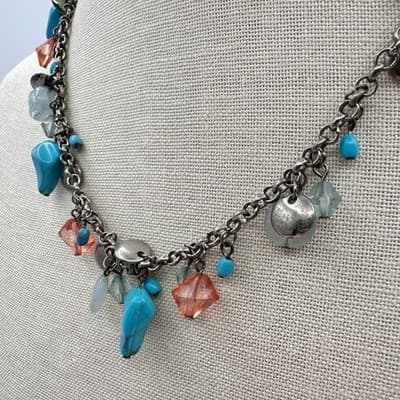 Vintage 90s Silver Tone Turquoise Glass Beaded Charm Link Chain Necklace Jewelry - Thumbnail 6