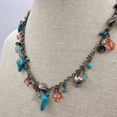 Vintage 90s Silver Tone Turquoise Glass Beaded Charm Link Chain Necklace Jewelry - Thumbnail 4