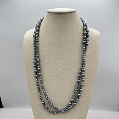 Vintage 90s Y2K Grey Double Strand Beaded Necklace Retro Women's Classic Jewelry - Thumbnail 2
