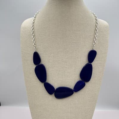 Vintage 90s Chunky Blue Stone Bib Necklace Silver Tone Women's Jewelry Boho Y2K - Thumbnail 7