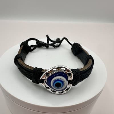 Vintage 80s Silver Tone Eye Heart Black Leather Cord Wrap Bracelet Bngle Jewelry - Thumbnail 2