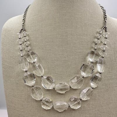 Vintage 90s Double Strand Clear Acrylic Beaded Necklace Silver Tone Jewelry Bib - Thumbnail 9
