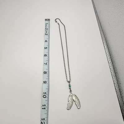 Vintage 90s Silver Tone Double Feather Pendant Necklace Turquoise Bead Jewelry - Thumbnail 9