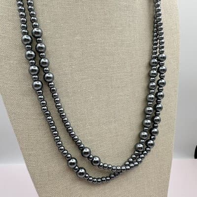Vintage 90s Y2K Grey Double Strand Beaded Necklace Retro Women's Classic Jewelry - Thumbnail 5