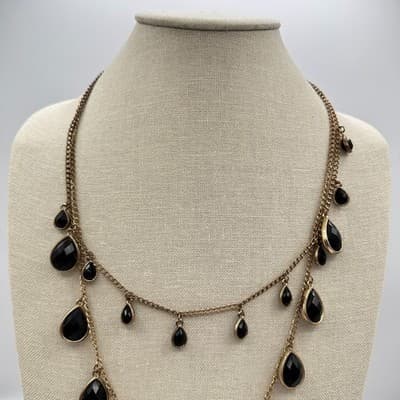 Vintage 90s Multi Layer Black Crystal Teardrop Necklace Gold Tone Jewelry Y2K - Thumbnail 7