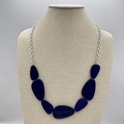 Vintage 90s Chunky Blue Stone Bib Necklace Silver Tone Women's Jewelry Boho Y2K - Thumbnail 2