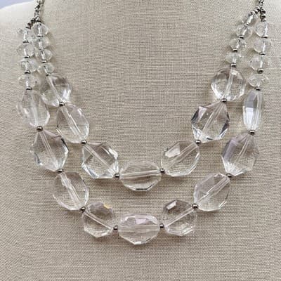 Vintage 90s Double Strand Clear Acrylic Beaded Necklace Silver Tone Jewelry Bib - Thumbnail 2
