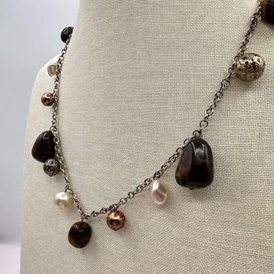 Vintage 90s Silver Tone Beaded Charm Link Chain Necklace Women's Jewelry Boho - Thumbnail 5
