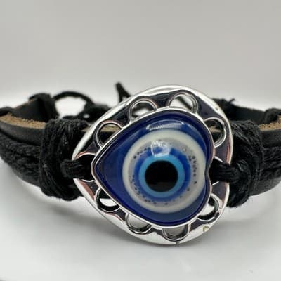 Vintage 80s Silver Tone Eye Heart Black Leather Cord Wrap Bracelet Bngle Jewelry - Thumbnail 4