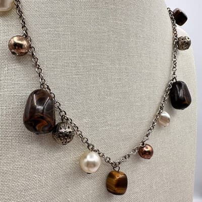 Vintage 90s Silver Tone Beaded Charm Link Chain Necklace Women's Jewelry Boho - Thumbnail 3