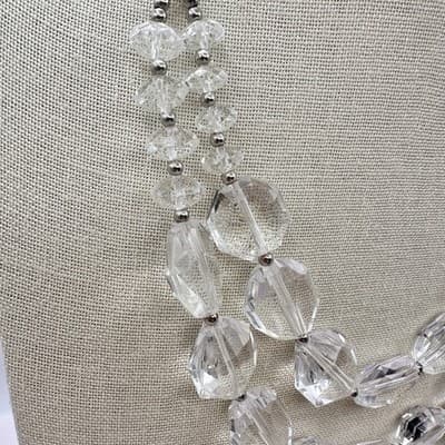 Vintage 90s Double Strand Clear Acrylic Beaded Necklace Silver Tone Jewelry Bib - Thumbnail 3