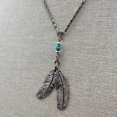 Vintage 90s Silver Tone Double Feather Pendant Necklace Turquoise Bead Jewelry - Thumbnail 6