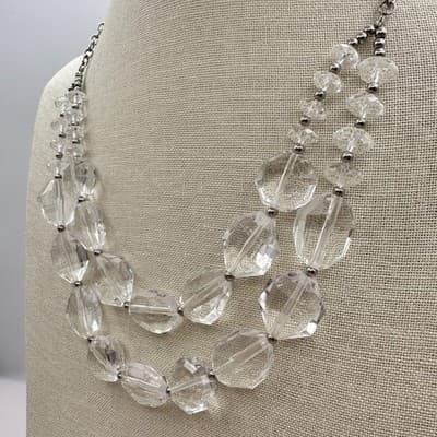 Vintage 90s Double Strand Clear Acrylic Beaded Necklace Silver Tone Jewelry Bib - Thumbnail 6