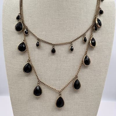Vintage 90s Multi Layer Black Crystal Teardrop Necklace Gold Tone Jewelry Y2K - Thumbnail 8