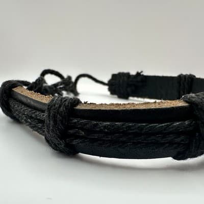 Vintage 80s Silver Tone Eye Heart Black Leather Cord Wrap Bracelet Bngle Jewelry - Thumbnail 5