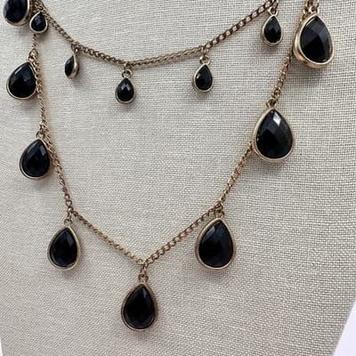 Vintage 90s Multi Layer Black Crystal Teardrop Necklace Gold Tone Jewelry Y2K - Thumbnail 5