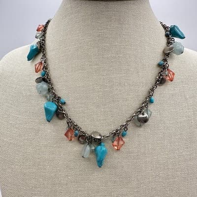 Vintage 90s Silver Tone Turquoise Glass Beaded Charm Link Chain Necklace Jewelry - Thumbnail 9