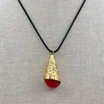 Vintage Y2K Etched Floral Cone Red Cabochon Gold Tone Necklace Women's Jewelry - Thumbnail 3